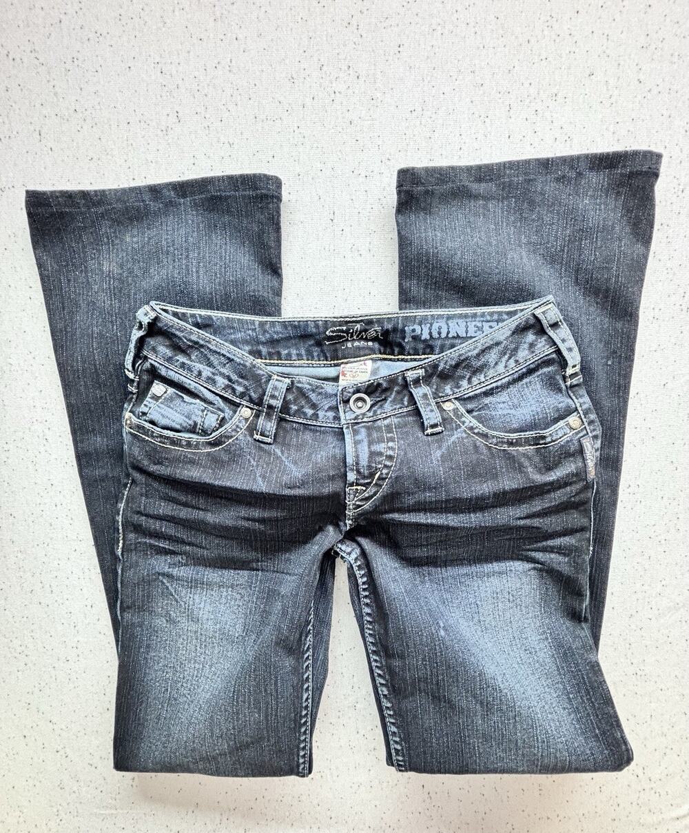 Silver Jeans Pioneer Bootcut Jeans Womens 27 Dark Wash Y2K Flap Pocket Thick